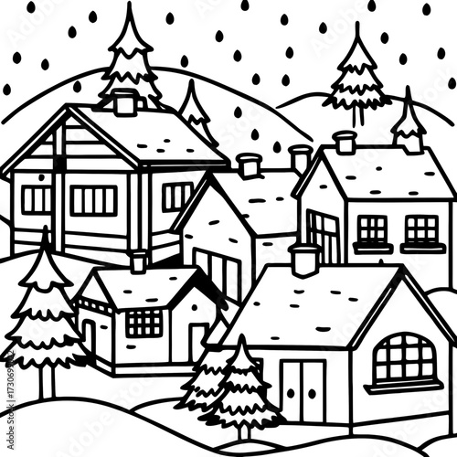 Noël illustration d'un vieux village de maison et bâtiment enneigé avec un arbre sur une carte postale de vacances d'hiver