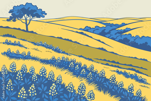 Hill Country Bluebonnet Fields in Texas, endless carpets of blue blossoms stretching across rolling hills