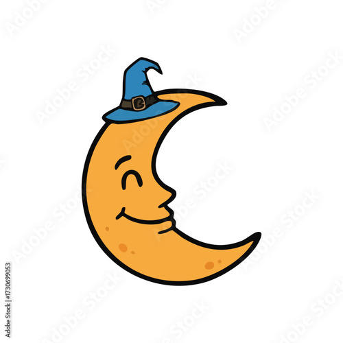 Smiling Moon Wearing Wizard Hat. Charming celestial body with a joyful expression, adorned in a mystical blue sorcerer's cap. Represents enchantment, fantasy, and festive spirit.