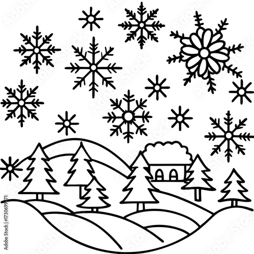 An illustration of a vert sapin in a forêt with neige and a flocon de neige for Noël and Nouvel An célébration décoration