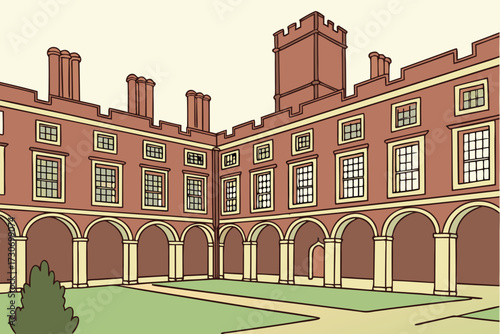 Hampton Court Palace in London, England, Tudor palace with red brick courtyards and chimneys