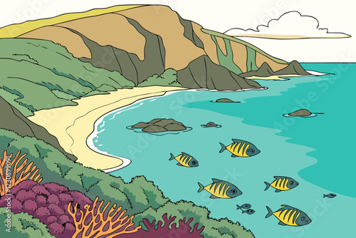 Hanauma Bay in Oʻahu, Hawaii, sandy cove with coral reefs and tropical fish below cliffs