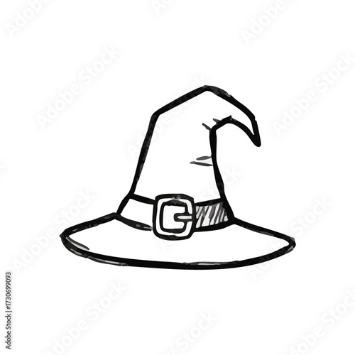 Hand Drawn Witch Hat Illustration. Whimsical sketch of a classic sorceress headpiece, perfect for festive October designs. Evokes enchantment and spooky holiday spirit.