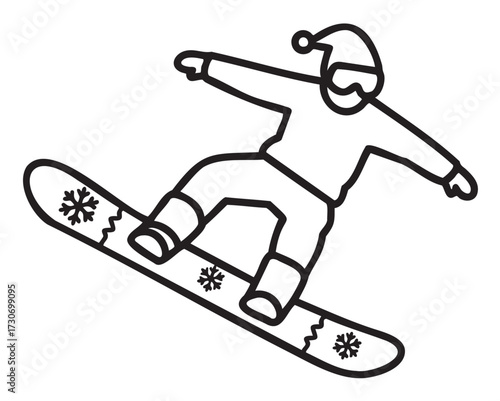 Cartoon snowboarder in winter outfit performing a jump in black and white drawing - stock vector