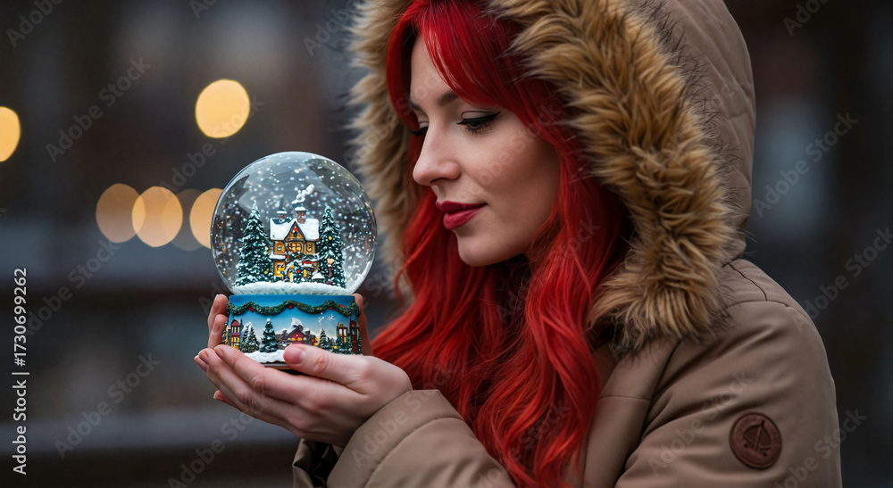 Naklejka premium Young woman holding snow globe while smiling outdoors in winter 