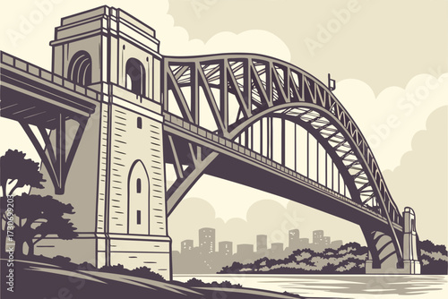 Hell Gate Bridge in New York City, New York, massive stone arch railroad bridge spanning East River