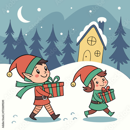 Un dessin animé d'hiver pour Noël montre un Père Noël joyeux et son elf offrant un cadeau à un enfant garçon près d'un arbre sous la neige, avec un bonhomme de neige et une carte festive