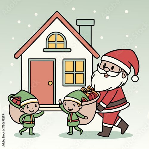 Ce dessin animé d'hiver pour Noël est une illustration amusante d'un garçon enfant célébrant les vacances dans la neige avec le Père Noël et des flocons de neige sur une carte vecteur