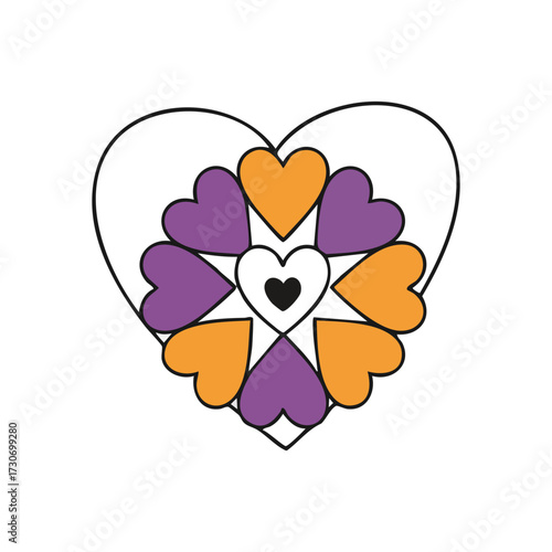 Vibrant Heart Bloom Symbol. This lovely graphic depicts a concentric arrangement of orange and purple love motifs. It symbolizes unity, collective affection, care, and strong bonds.