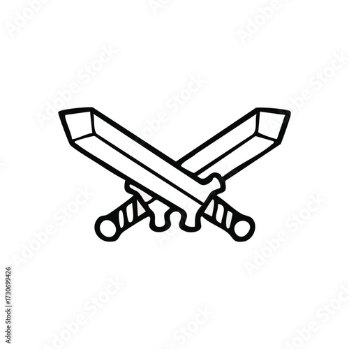 Crossed Swords Simple Design. Image shows a pair of stylized blades, intertwined, depicting themes of warfare, chivalry, and competitive spirit.