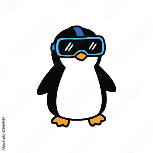 Penguin in Virtual Reality Goggles. An adorable arctic bird dons a high tech headset, playfully exploring digital worlds. Represents curiosity and immersion in new experiences.