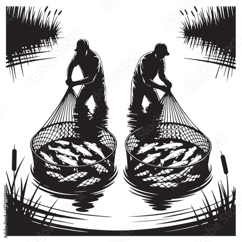 Two silhouette fishermen with nets full of fish standing in water with reeds on the sides in a black and white illustration