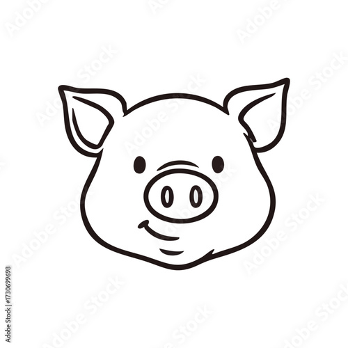 Smiling Piglet Head Line Art. A joyful swine emblem displays a pleasant visage. Perfect for designs involving agriculture, cute mascots, or symbolizing prosperity and good fortune.