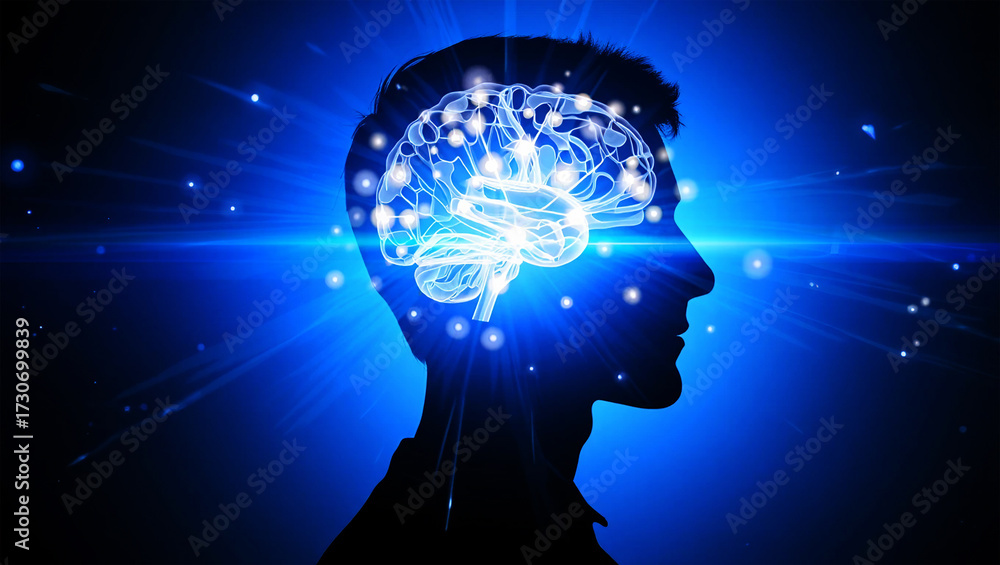 Fototapeta premium Silhouette head with glowing brain and blue light effects human mind