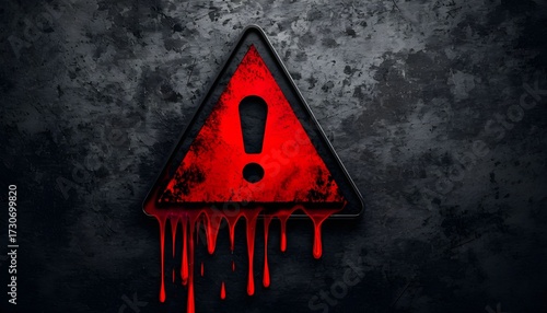 A red triangular warning sign with an exclamation mark dripping with blood against a dark, grungy wall.