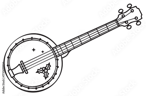 Outline drawing of a banjo with christmas holly decoration on body - stock vector