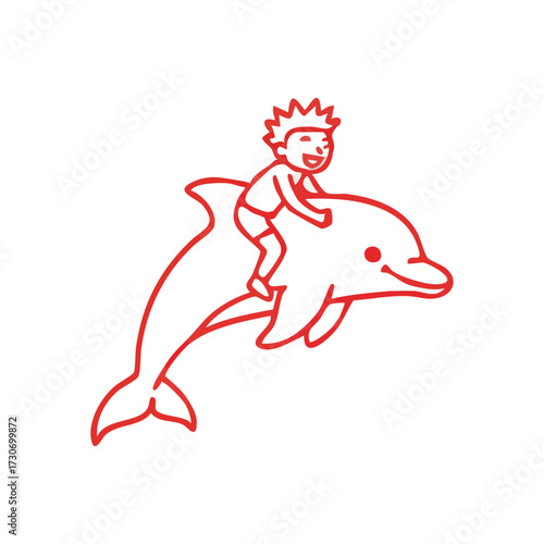 Joyful Child Dolphin Ride. This vibrant red illustration captures a delighted youngster enjoying an imaginative swim with a cheerful marine friend, symbolizing dreams and pure happiness.