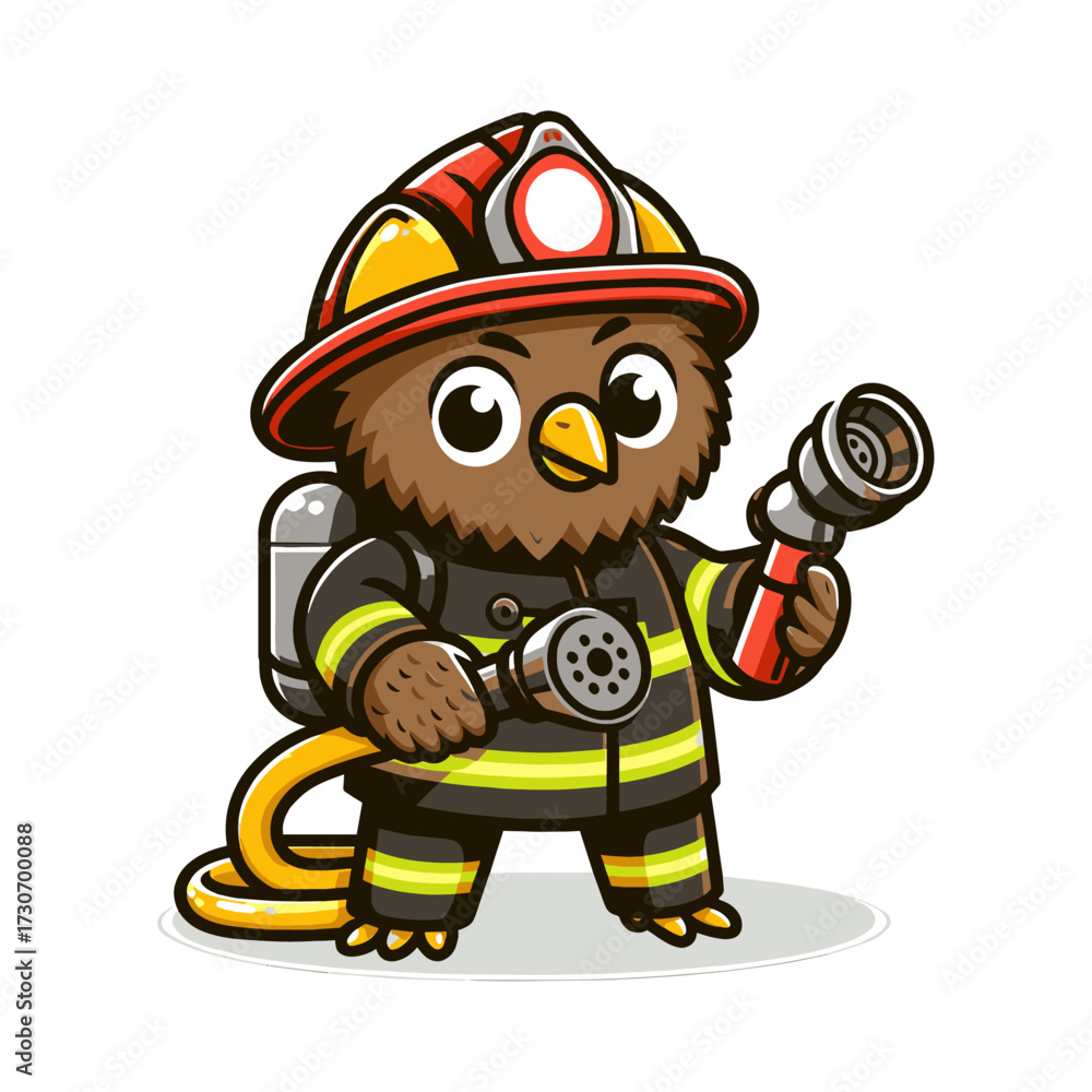 Fototapeta premium Adorable owl firefighter ready for action holding hoses, perfect for educational materials and children's content, promoting safety and bravery in a charming way