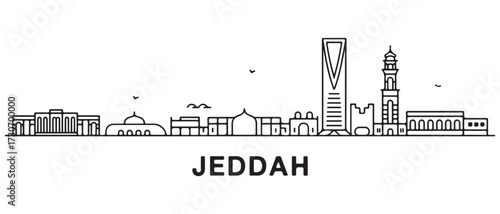 Jeddah Line Art skyline horizontal banner. Jeddah, Saudi Arabia. with white background