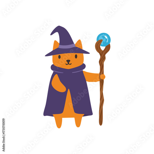 Charming Cat Mage with Magic Staff. This delightful illustration features an orange kitten in a mystical costume, wielding a glowing crystal wand, symbolizing wonder and spellcasting.