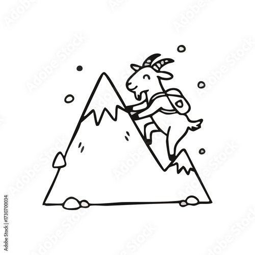 Wild Goat Mountain Journey. This charming doodle depicts a determined caprine with a pack, ascending a rugged peak. It symbolizes resilience, exploration, and overcoming challenges.