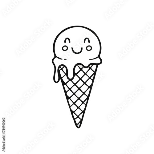 Happy Smiling Ice Cream Cone Doodle. This whimsical illustration features a cheerful scoop of frozen treat melting atop a waffle dessert, radiating pure delight and summer joy.