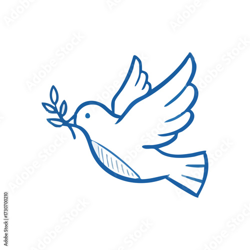 Peace Dove Flying with Olive Branch. A graceful feathered creature soars, clutching a verdant sprig. This charming doodle profoundly symbolizes tranquility, hope, and fresh starts.