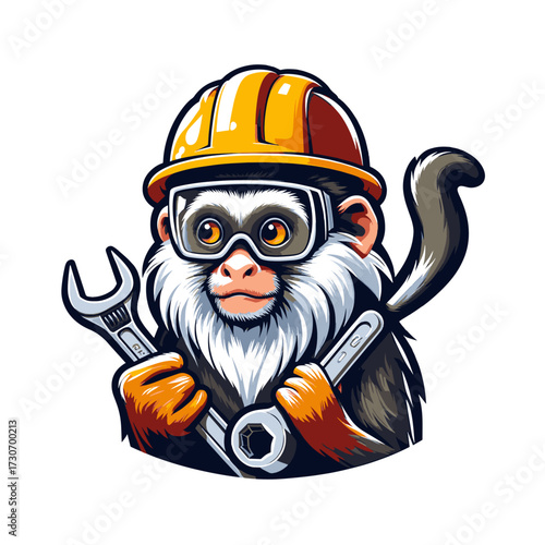 Hilarious monkey mechanic ready to fix anything with wrenches and safety gear, perfect for quirky advertisements, cartoon mascots, and humorous engineering projects