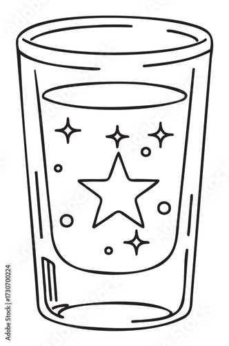 Simple line drawing of a starry shot glass with decorative elements - stock vector