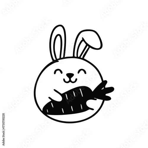 Joyful Bunny Character with Carrot. This delightful illustration captures a contented leporid clutching a sweet orange root. It conveys pure bliss, nature's bounty, and wholesome habits.
