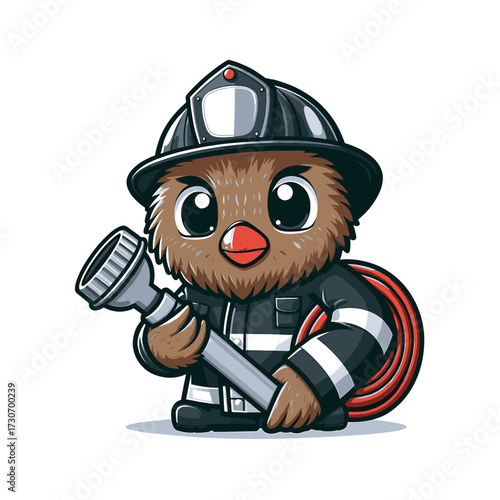 Adorable cartoon owl firefighter ready for action, holding a hose with determination and cuteness, perfect for children's books and safety campaigns promoting courage and community service