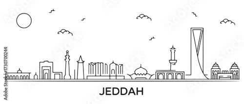 Jeddah Line Art skyline horizontal banner. Jeddah, Saudi Arabia. with white background