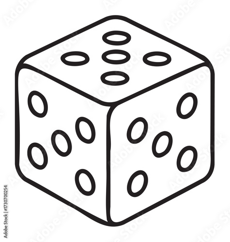 Monochrome outline of a cube-shaped six-sided die with dots - stock vector