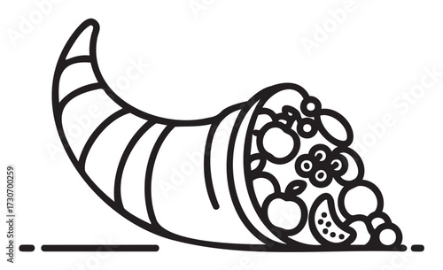 Cornucopia outline with abundant fruits including grapes and apples - stock vector