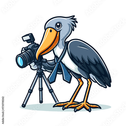Delightful cartoon bird photographer in a tie capturing memories with camera on tripod, perfect for educational materials, children's books, or whimsical designs