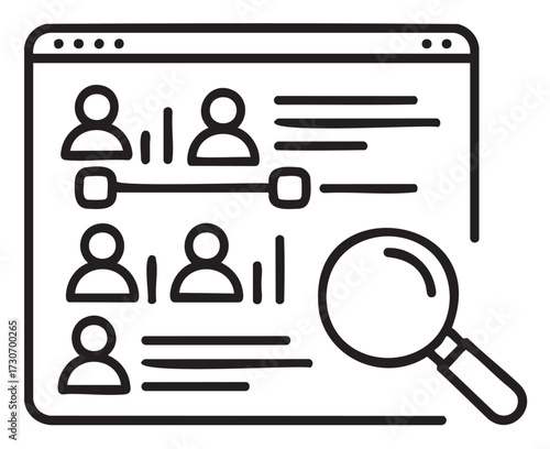 Simplified line art representation of online social network with user profiles and magnifying glass - stock vector