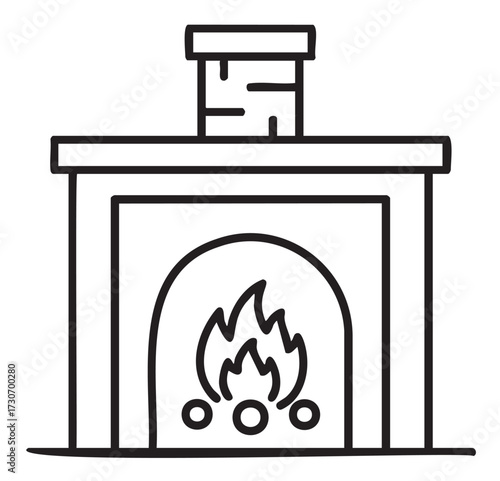 Simple outline of fireplace with chimney and fire: black and white drawing - stock vector