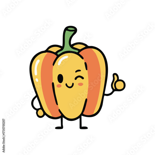 Happy Capsicum Gives Positive Sign. This joyful produce icon winks, presenting an upbeat hand gesture. It symbolizes health, wellness, and cheerful affirmation for success.