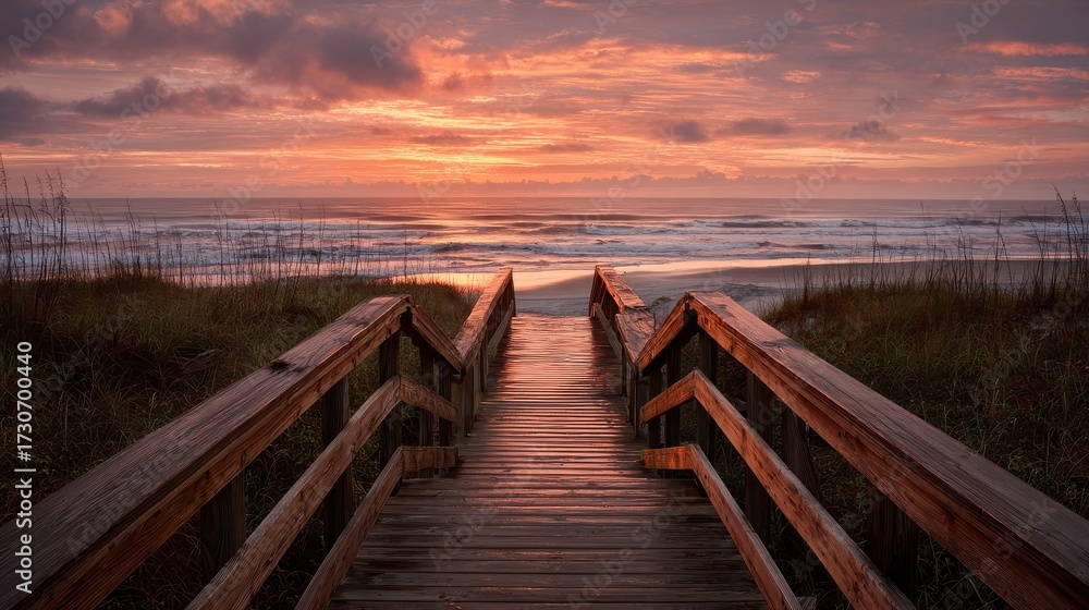 Fototapeta premium boardwalk on beach at sunrise no logos no brands ar 169