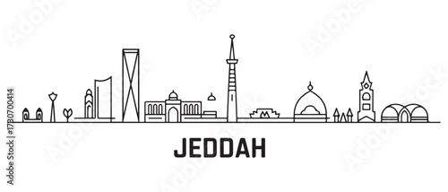 Jeddah Line Art skyline horizontal banner. Jeddah, Saudi Arabia. with white background