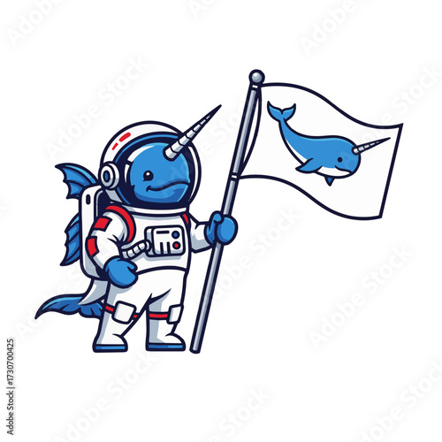 Whimsical astronaut narwhal proudly plants a flag in outer space, symbolizing exploration and discovery with a charming, unique character design perfect for modern branding and whimsical projects.