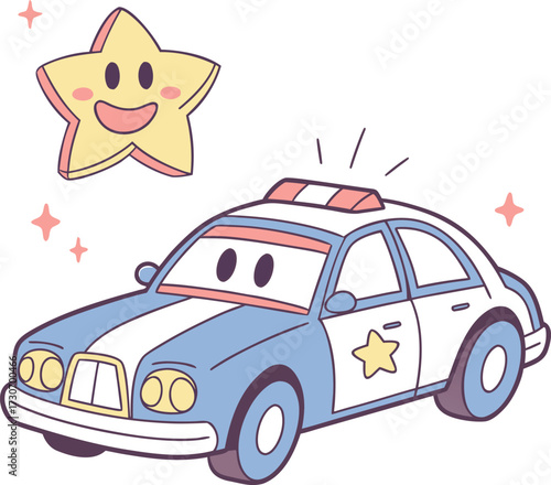 Whimsical police car and happy star illustration for children's designs isolated on transparent background