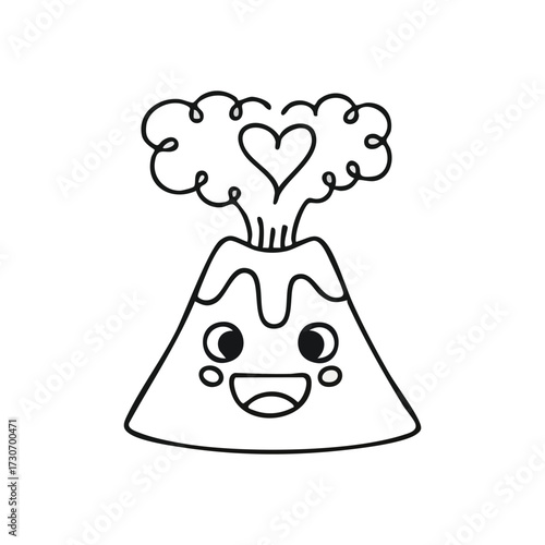 Cute Happy Volcano Heart Eruption. An adorable mountain emits steam forming a lovely symbol. Its joyful expression suggests a passionate outpouring of emotion.