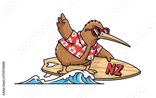 Cool cartoon kiwi bird wearing sunglasses and Hawaiian shirt surfs a wooden board with NZ logo on ocean wave, embodying adventure and summer fun for travel and tourism