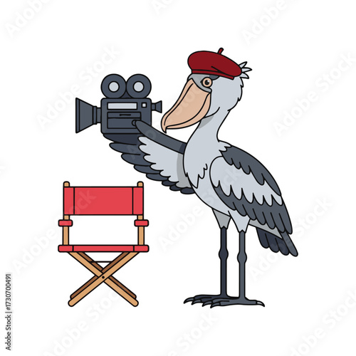 Whimsical shoebill stork artistically directs film scene with vintage camera beside director's chair, capturing creative spirit and imaginative storytelling for unique projects