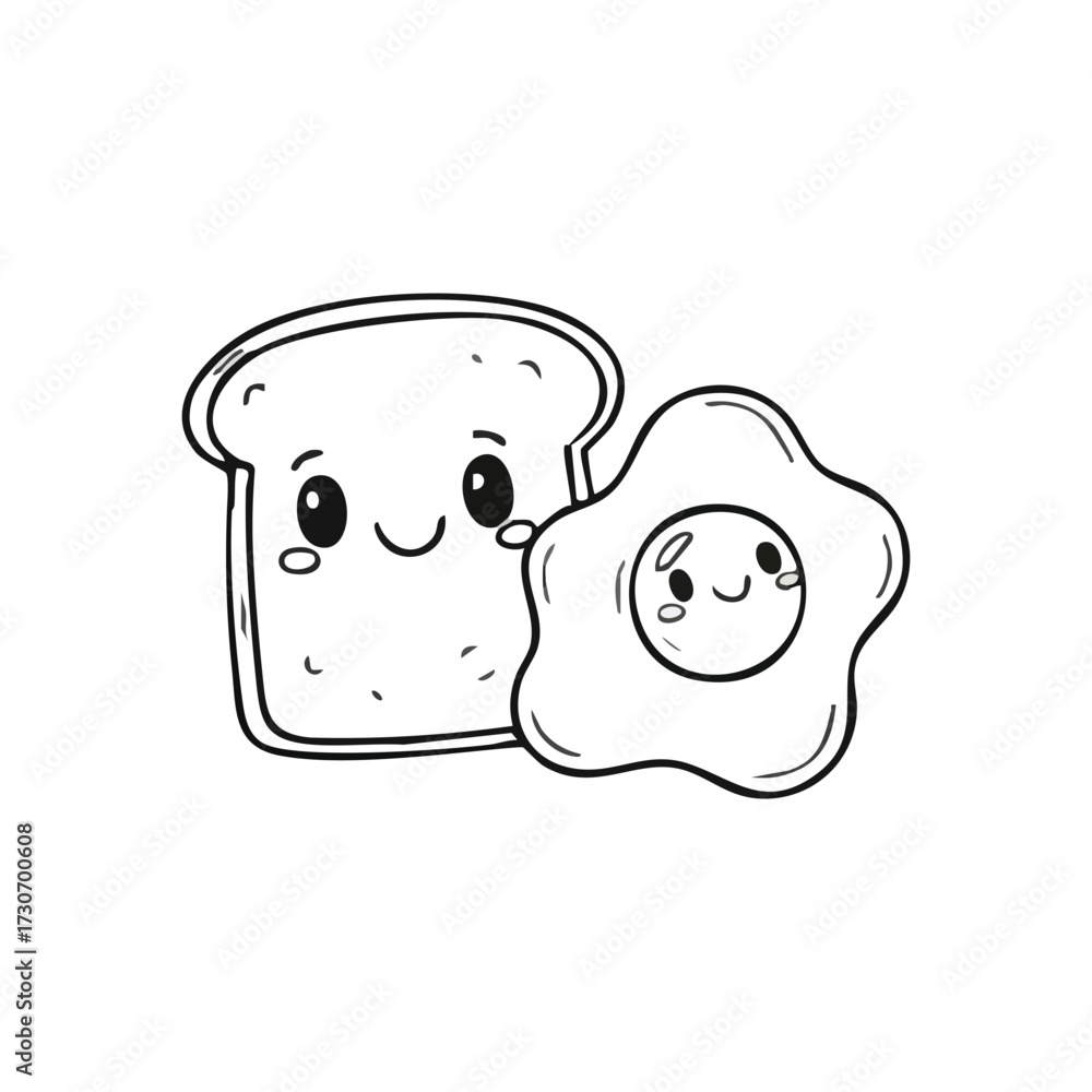Obraz premium Happy Toast and Egg Duo. This cheerful drawing portrays a delightful slice of bread and a fried egg, joyfully paired. It evokes feelings of friendship and comfort, perfect for morning themes.