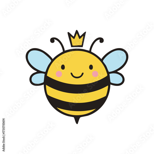Cute Crowned Bee Character Illustration. An endearing graphic of a happy bumblebee adorned with a tiny diadem. This joyful insect signifies nature's sweetness, royalty, and charm.