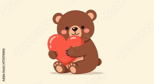 Adorable cartoon teddy bear character tenderly hugging a bright red heart, perfect for Valentine's Day, love, and children's themes, radiating warmth and affection