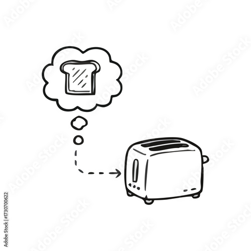 Toaster Toasting Concept Illustration. This simple drawing depicts a modern kitchen appliance imagining its purpose. It symbolizes the desire for warm, crunchy bread, representing breakfast.