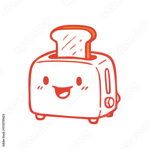 Joyful Toaster Popping Warm Toast. This delightful kitchen device presents golden sliced bread. Its beaming face radiates happiness, symbolizing morning cheer, comfort, and yummy breakfast.